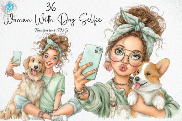 Download Quirky Woman with Dog Selfie Clipart PNG - Woman Collection